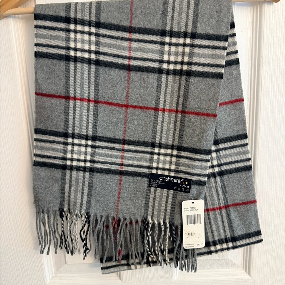 Classic Gray and Red Plaid Scarf